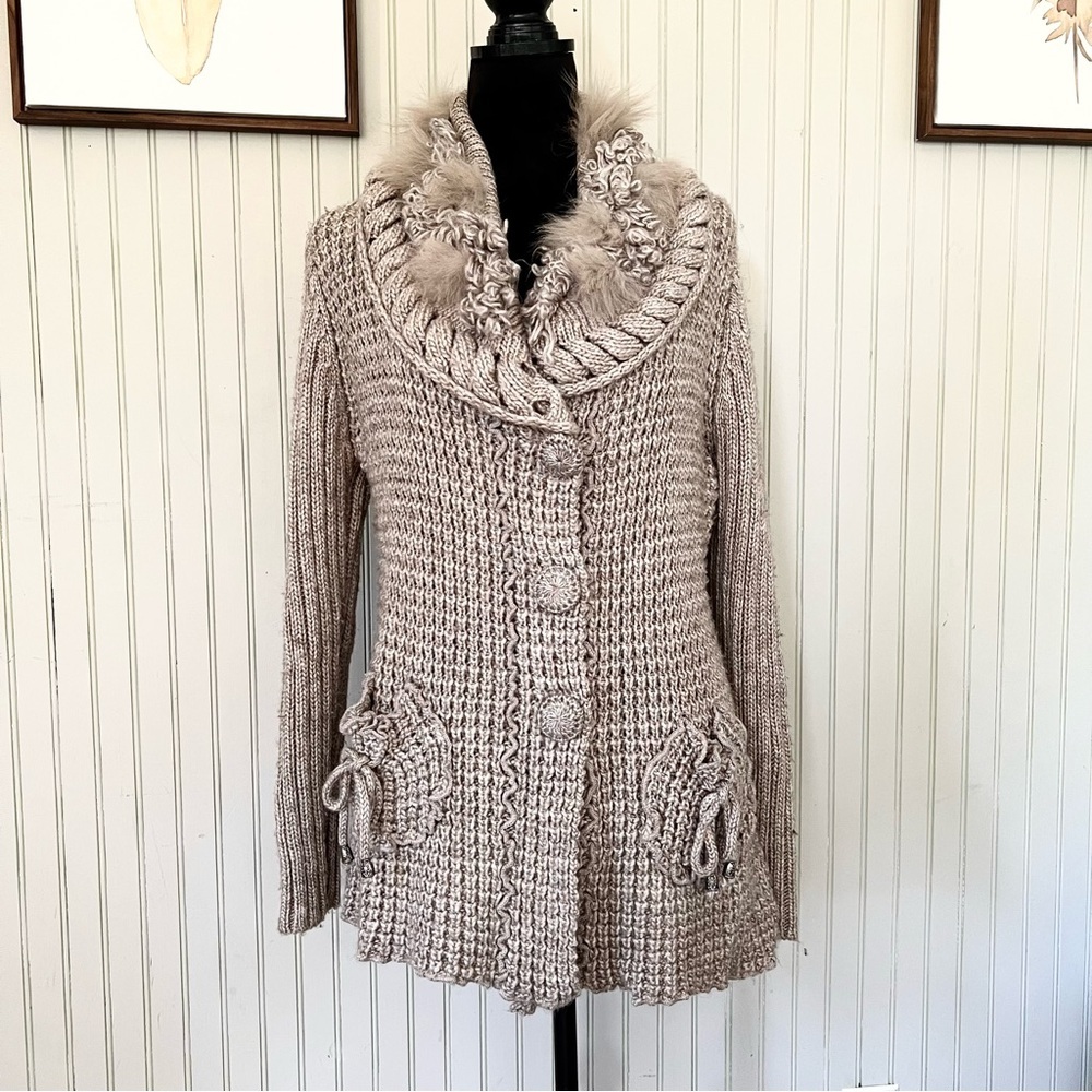 Sioni Y2K Vintage Tan Marled Knit Cardigan with Fur Collar Wool Blend